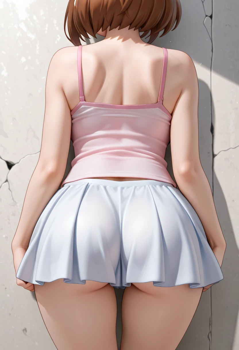Adult female calves in pastel colored berry short flare dresses、She looks back、(((((Skirt rolled up in strong wind 2.0)))))、((Panties inside her skirt exposed))、her head is small、Urban pavement、In the crowd、White Dress、o Back、Her whole body、((A day with strong winds))、Perspective from the ground