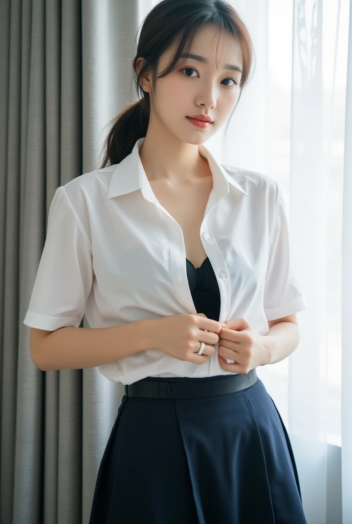 ((best quality)), ((masterpiece)), (detailed), perfect face, beautiful body, pretty face, teenager female, perfect body, Ultra-high detail, Photorealism, Intimate atmosphere, flowing light, black straight hair, ponytail, glasses, wear a office uniform, White shirt, black skirt, unbuttoned shirt, sit on the table, office room, black lace bra, hands covering breast