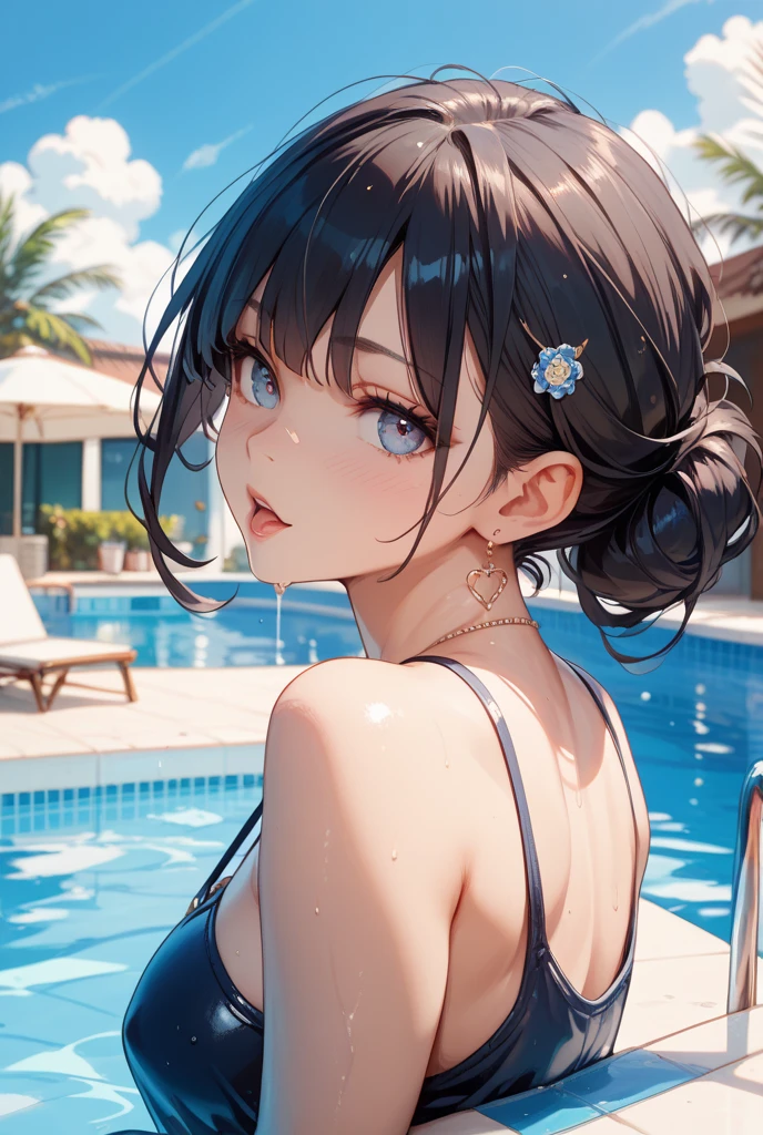 1 person, Big, teary eyes*Su Jiushui*Wet Hair*Growing your hair*Earrings*swimming pool>,, Low RA:Add to_detailed:1,One piece swimsuit