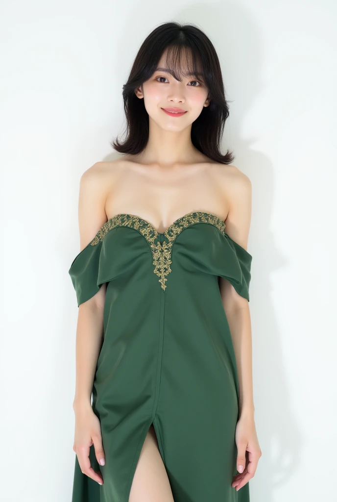 ((Top Quality, 8k, Masterpiece: 1.3)), (BRAV5:1.5)), Japan 1 Woman, (((Full Body Photo: 2.0)), Full Body Portrait, Shot from Below, (Nipple Shadow: 1.8), Nipple Shadow, Beautiful Girl with Slender Emphasis: 1.3, , (Very Thin Waist), Thin Waist, (Hairstyle Short, Small Breasts: 1.2), ( Very Slender Abs: 1.1)), (( dark green halter neck: 2.6, off-shoulder dress with a floral pattern: 3.5, gold embroidery on the chest: 1.3)), headband with a gold ornament, (nipple shadow: 1.3), outdoor, ultra-detailed face, detailed eyes, double eyelids,