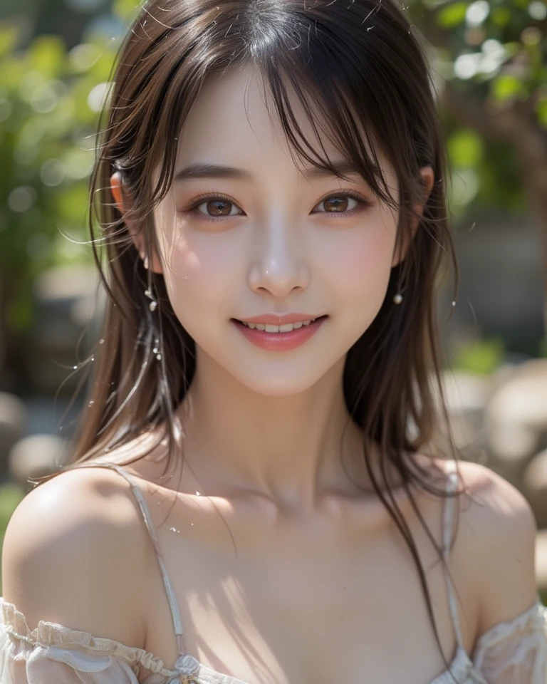 japanese model, beaultiful girl gender, photo style, 50mm lens, uppear body layout, 淡いカラーパレット, ナチュラルメイク、リップグロス, afternoon time, shiney sun brightness, green micro bikini, (no bra), huge breast, brown long hair,wavy hair, single bun, beautiful composition, cinematic lighting, extremely detailed, 8k, cinematic postprocessing, no bra, standing, outdoor, focus on face, backlight, wet skin, looking at a viewer