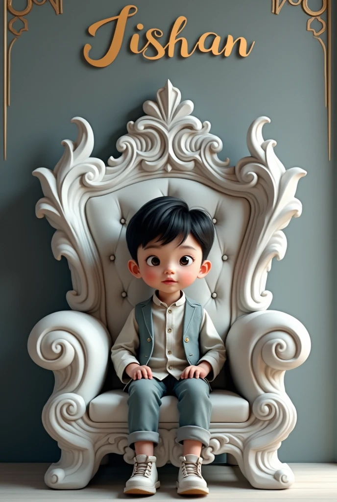 Teenage prince a crown with moon details blue suit on a throne with moon details with short white hair and shoes 
