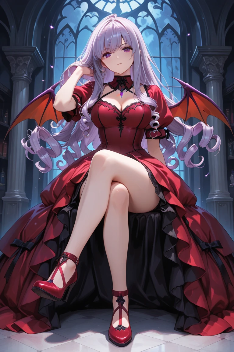 Remilia Scarlet, obscene pose, blue hair, obscene costume, Red eyes, wings, , evil smile, cinematic light, Black background, necklace, Domination, white stockings, gasped, Opening the leg, Holding handcuffs in his hands, You can see the underpants, choker on leg