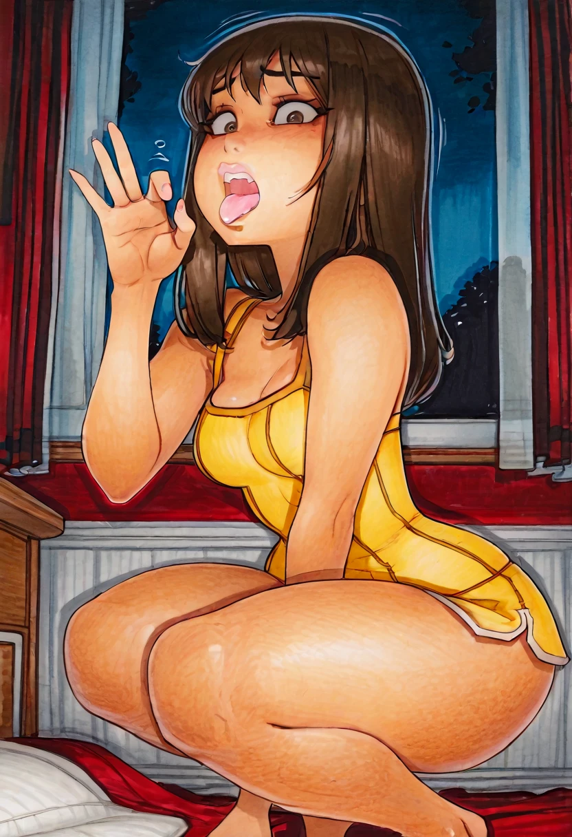 Explicit sex scene. A completely naked woman masturbates on the sidewalk of an extremely busy street, the woman rides a huge dildo inserted into her vagina, the woman is extremely thin, the woman is redheaded with lots of freckles on her face. Many people around the woman photographing the woman.