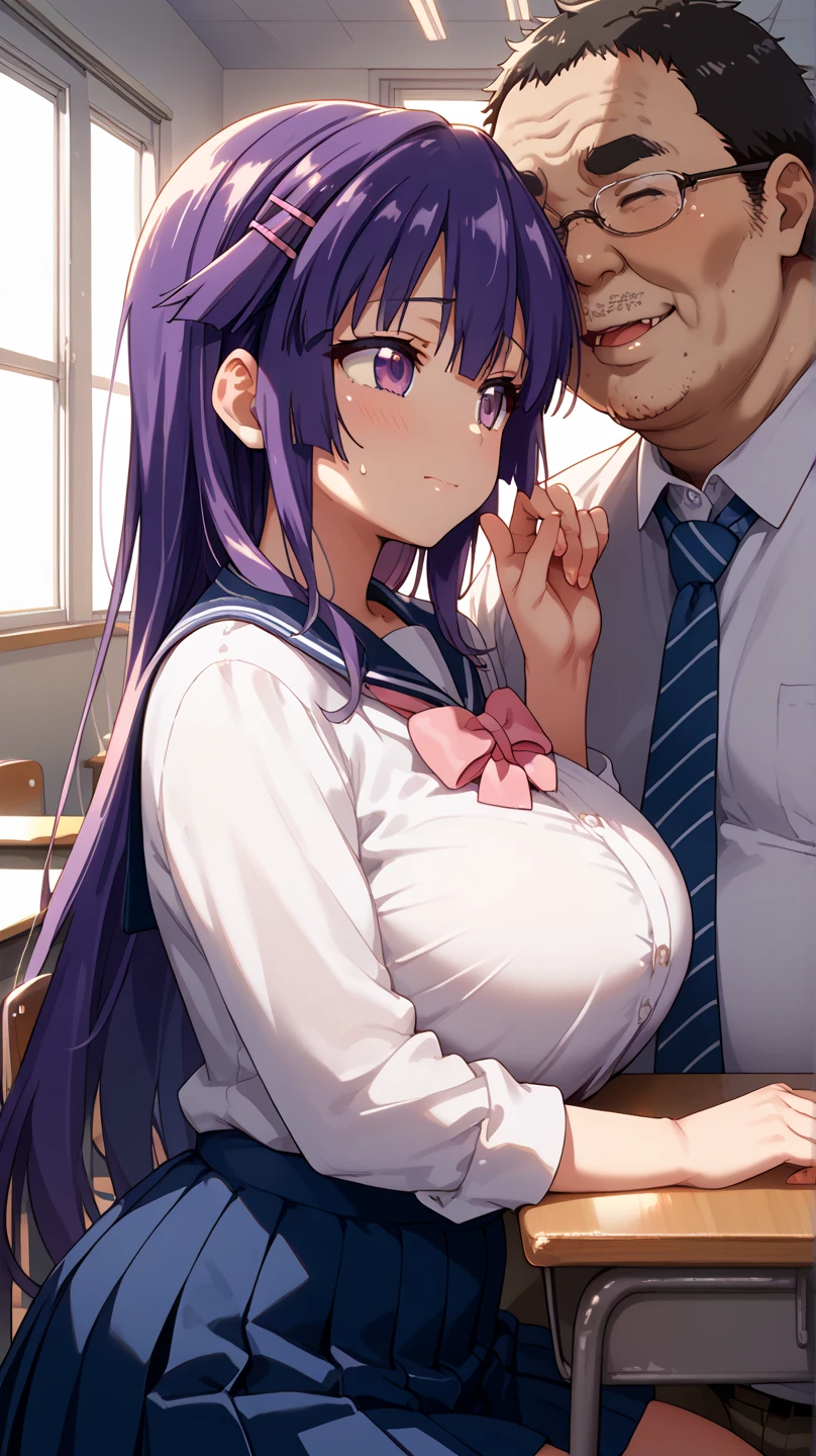 [AiPonyAnime:100], 
pov, (face focus:1.0), close-up, 
1girl, nsfw, 
(((feratio))), ((((penis on face:1.2)))), 
school uniform, brown jacket,
veiny penis, nipples, twitching penis, cum in mouth, facial,
embarrassed, half-closed eyes, blush, heavy breathing, grin, open mouth, 
large breasts, (violet hair, long hair:1.2), violet eyes, 
school,