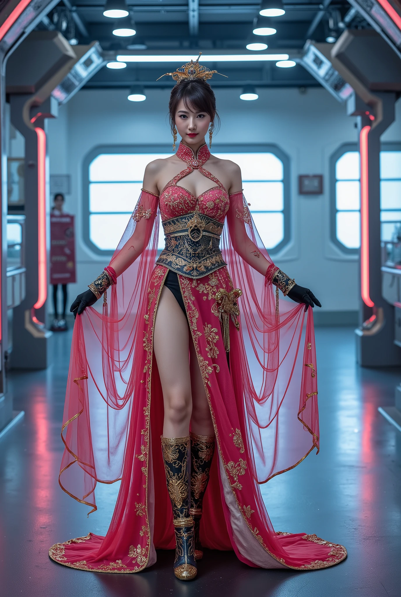 (RAW Photo) , (highly detailed:1.20) , (ultra realistic :1.10) ,sexy chinese girl in her 20s ,
(perfect face:1.20) , (detailed red eyes :1.20) , with long auburn hair in a high ponytail ,
(long silver and gold lined cape tied at the neck with a ribbon :1.20) , full body, high-quality
ultra realistic style, warm tones, soft lighting, detailed eyes, professional, expressive , 8K ,
highly detailed , professional,