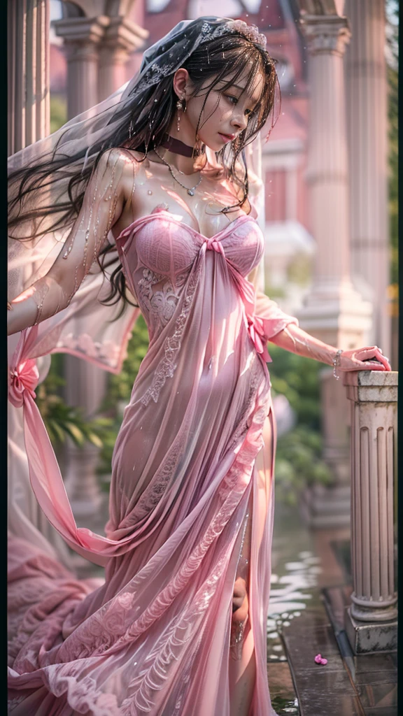 1girl,(bright lighting,romantic setting),dreamy background,,dark hair, mesmerizing gaze, , soft skin, alluring beauty, artistic portrait, high-quality image, vibrant colors,translucent long silk gown, mosquito net, romantic bedroom, sidesuspension,solobound