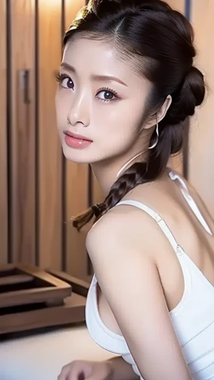Beautiful woman，body portrait、16k，fine and beautiful eyes，Dindal effect、masterpiece, 最high quality, high quality, High resolution、very detailed photos、(natural skin texture、fine skin、hyper realism、Super sharpness)、high detail skin、(very detailed、fine skin texture、intricate details、beautiful face、(lifelike face)、realistic eyes、beautiful and detailed eyes、ponytail、real looking skin、beautiful skin、big breasts、G cup、glamorous、shiny skin、Oily muscle、tanned skin、Black glowing skin、bikini、Plump buttocks、sexy thighs、full body shot:1.5、surreal、very detailed、golden ratio、with smiling eyes、body portrait