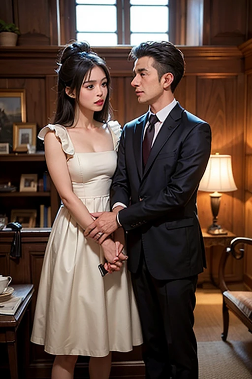 (1 female)、(one male individual:1.1)、(Super beautiful)、(beauitful face:1.5)、(A detailed face:1.4)、(The bridegroom spreads the bride's legs:1.3)、(White panties are visible)、(The groom touches the bride's crotch)、(Bride sitting on a chair at the reception)、(She is wearing a prom dress with a miniskirt)、(The bridegroom in a white suit:1.2)、(Bare legs)、(At SFW)