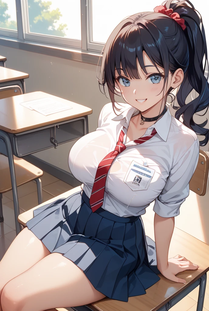 cowboy shot, 16yo, baby face, 1girl, undressing, skirt lift, , blouse, MINI SKIRT, light blue panties, large breasts, sagging breasts, Breast apart, legs, upturned eyes, embarrassed, nose blush, necktie, in classroom, masterpiece, high quality, best quality, beautiful, hd, perfect lighting, detailed face, detailed body, masterpiece, best quality, intricate details, 8k uhd, perfect face, perfect eyes