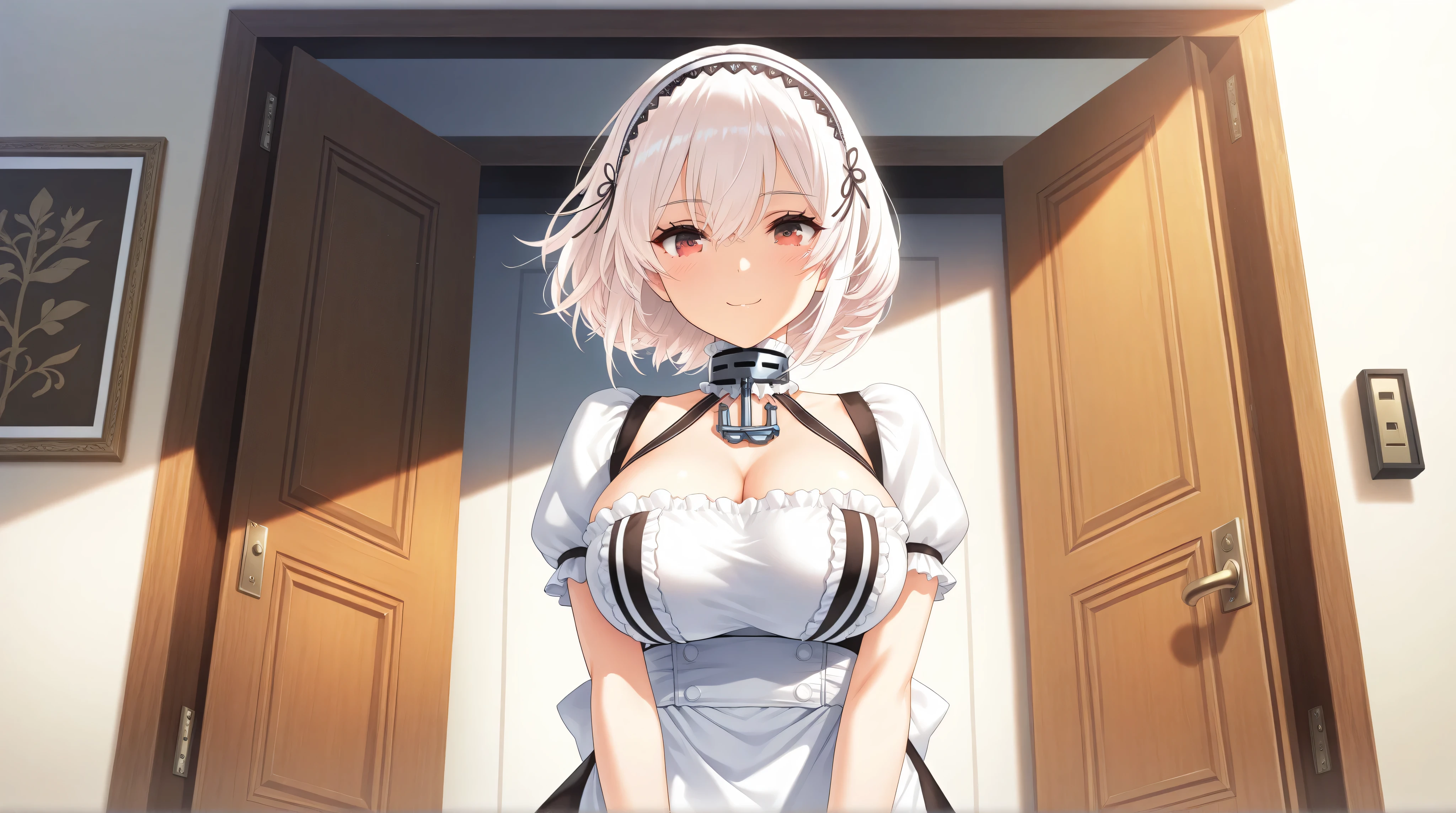 1 girl with big bust and curves alone, short white hair, Rojo eyes, short hair , SMILE,, looking towards him, very short maid dress and uncovered in the back, blush, lingerie white thigh high stockings, Closed mouth, day, looking away embarrassed, Inside a house