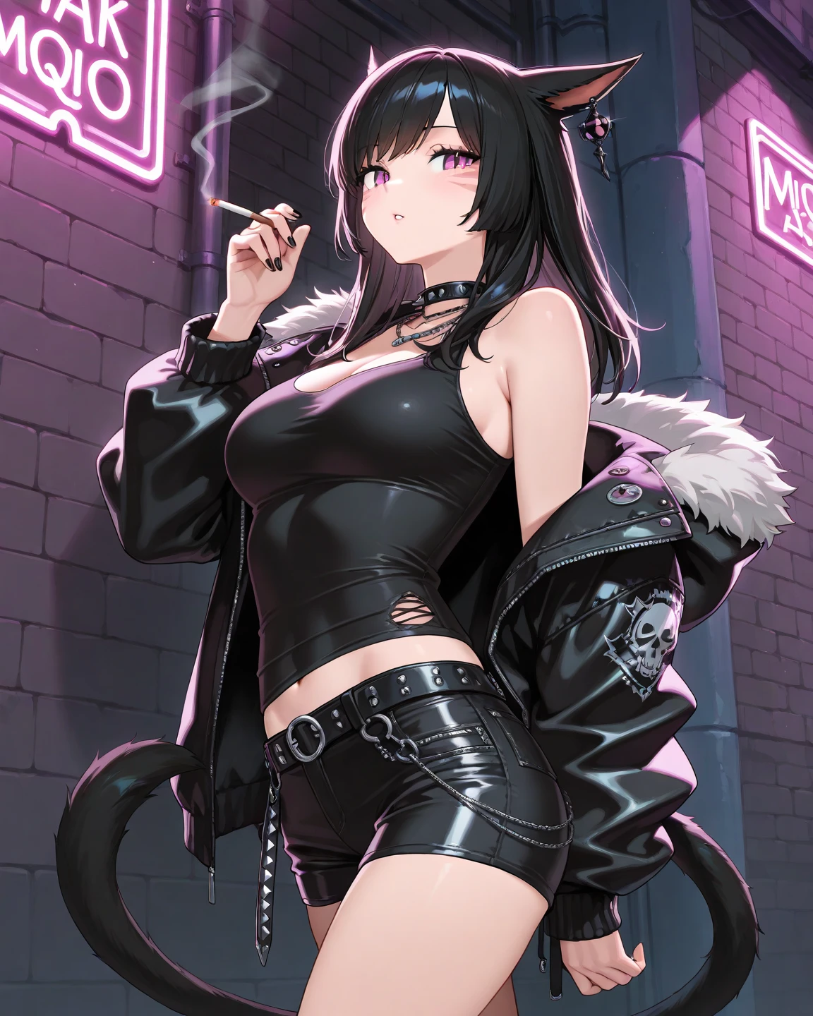 (masterpiece, best_quality, ultra-detailed, immaculate:1.3), epic, illustration, punk rocker girl, 1girl, cute, full body, [:skimpy costume design,:0.2], official art, (dark skin:1.3), bombshell punk hair, vivid black hair, Topsy Tail,bombshell hair, dramatic magenta lighting , leather shorts, on a streamline moderne train, bombshell hair, dark beige hair, spiked hair, eye contact<lora:EnvyBeautyMix16:1>