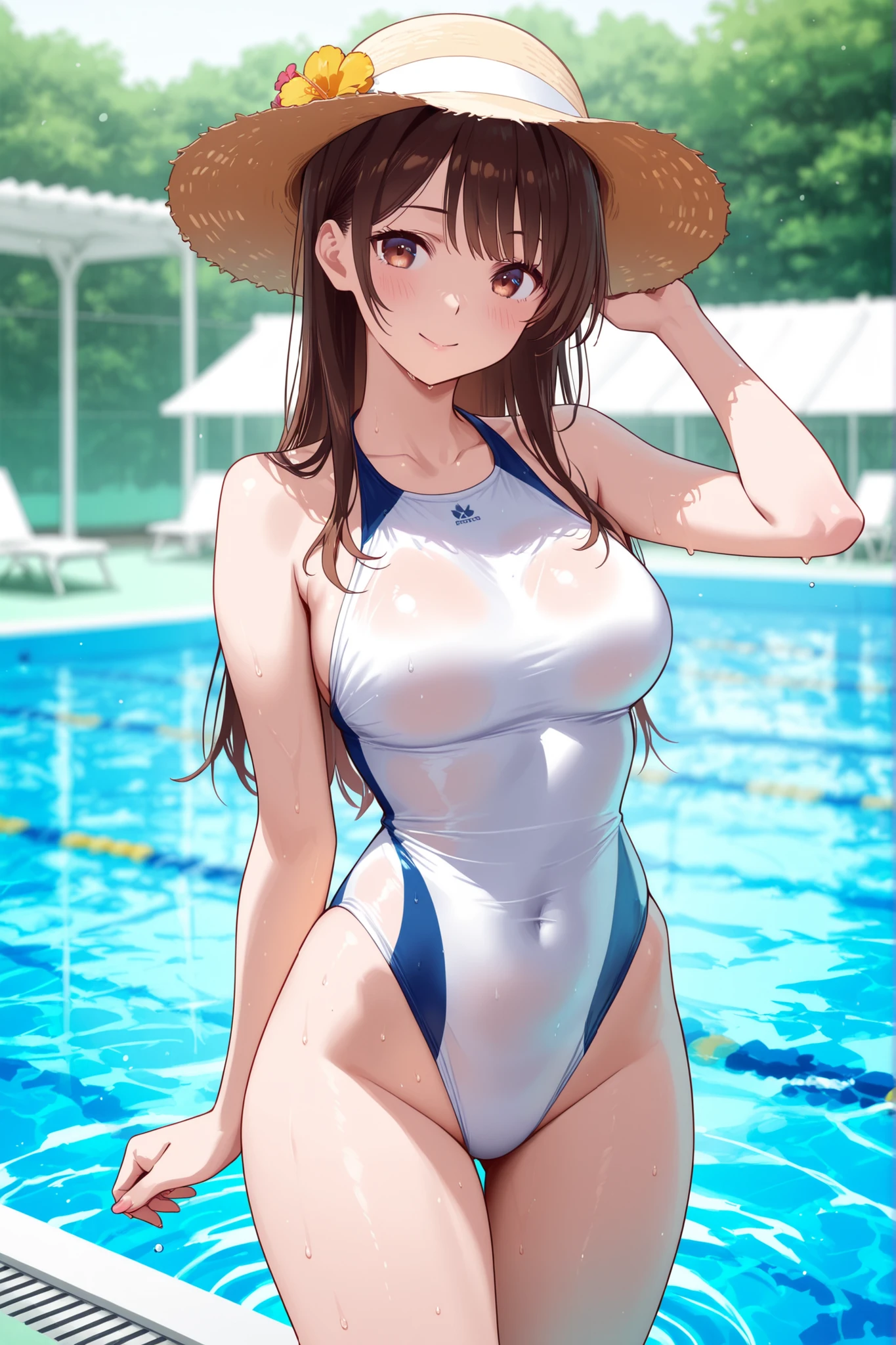 one-piece swimsuit, strap slip、swimsuit、Chestnut Hair、Semi-long hair、、Cute Swimsuit、Random erotic poses、Chestnut Hair、Semi-long hair、Blushing、lipstick、Perfect hands、Detailed hands、Poolサイド、Pool、one-piece swimsuit, strap slip