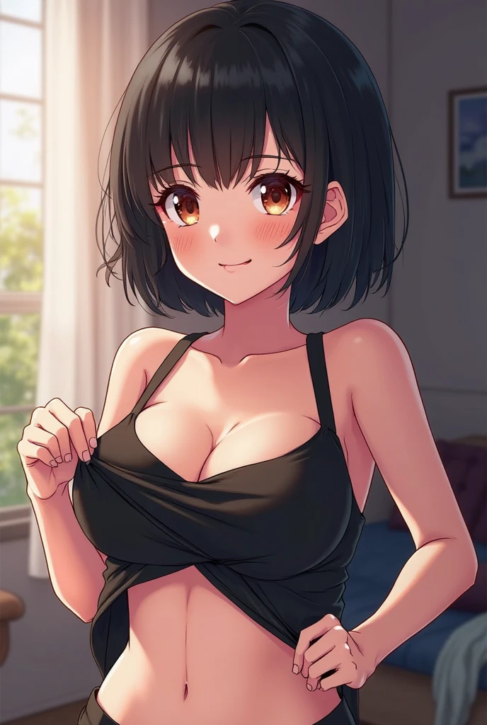 ((Best quality, 8k, Masterpiece :1.3)), 1girl, Pretty woman with emphasizing abs :1.3, (short cut hairstyles, Huge breasts:1.7),Ultra-detailed face, Detailed eyes, Double eyelid,from the thighs up,japanese woman,fat,smile,