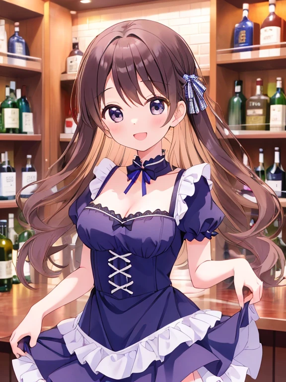 Aerith in harlet neck lock pink mini dress, mid shot, side shot  <lora:Aerith-TestVersion:1>, indoors Restaurant Bar, Tokyo, Japan, Night Time, bokeh