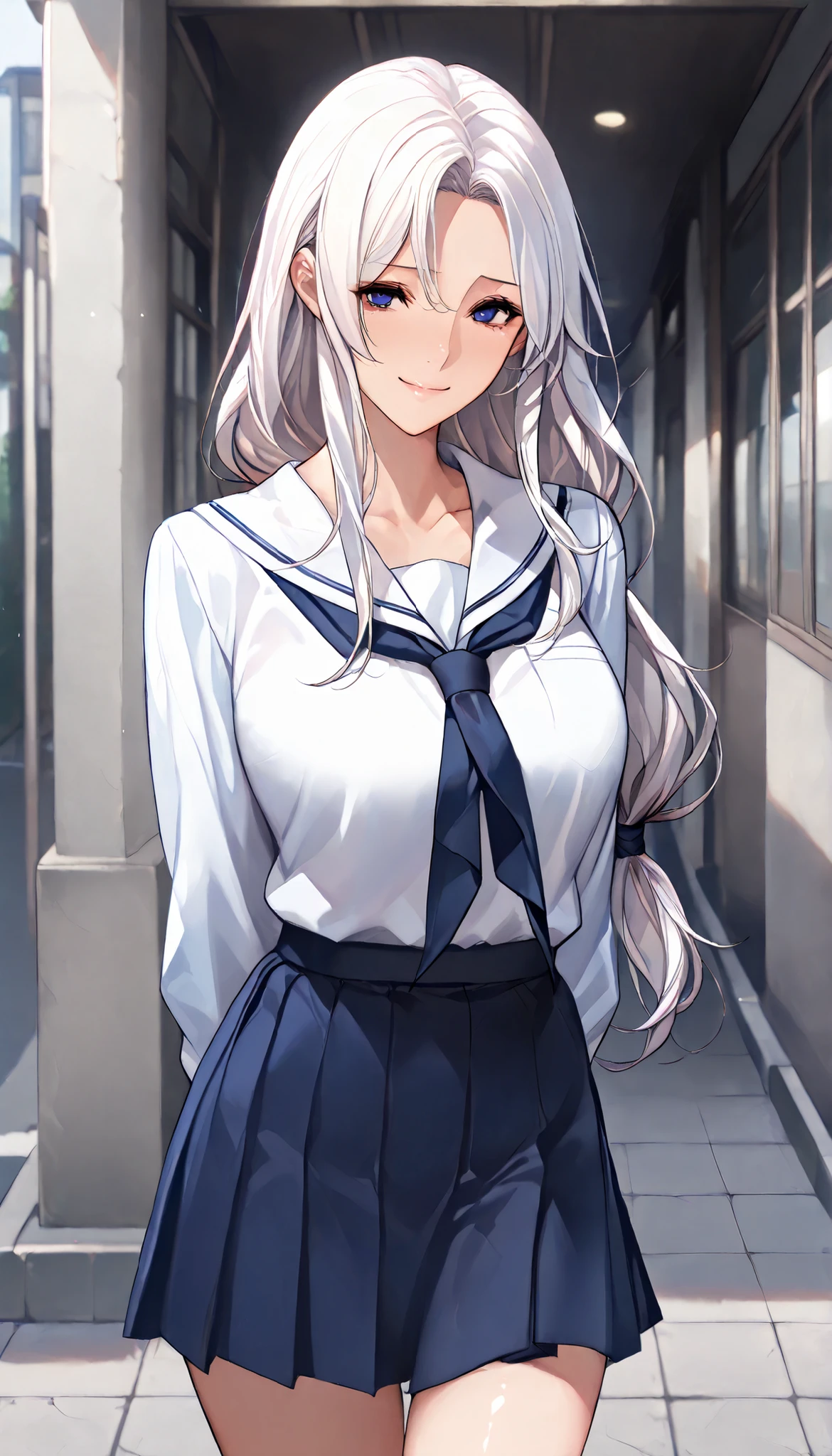 Modern Backgrounds,A female with slim body(older girl),Slim Body,shiny skin,(Wearing A JK skirt),(White school uniform),((Arms behind back)),On the street in a residential area,(White hair,low-tied long hair),Blue Eyes,light smile,slightly tilted forward,UHD, SOLO, anatomically correct, masterpiece, textured skin, high details, highres, 1080P, 16k, accurate, Beautiful face, Beautiful Nose, Perfect face, Highly detailed beautiful face and eyes, Attractive face, Detailed face, Delicate facial features, Detailed skin,Cowboy shot