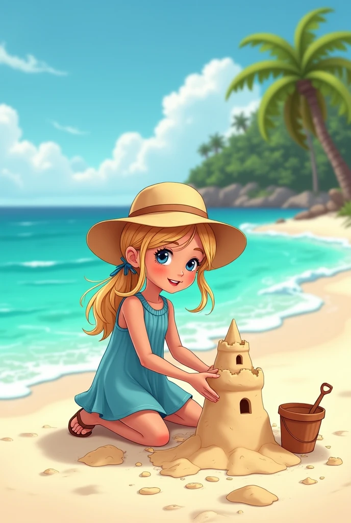 European and American cartoons, Art Illustration, 1 Girl, Solitary, have, Swimwear, Jewelry, Bikini, Blonde, breast, earrings, sun have, Smile, Weaving, polka dot, Long hair, Leaves, Looking at the audience, flower, medium breast, necklace, single Weaving, have bow, Shoulder-length hair, beach, Palm tree, water