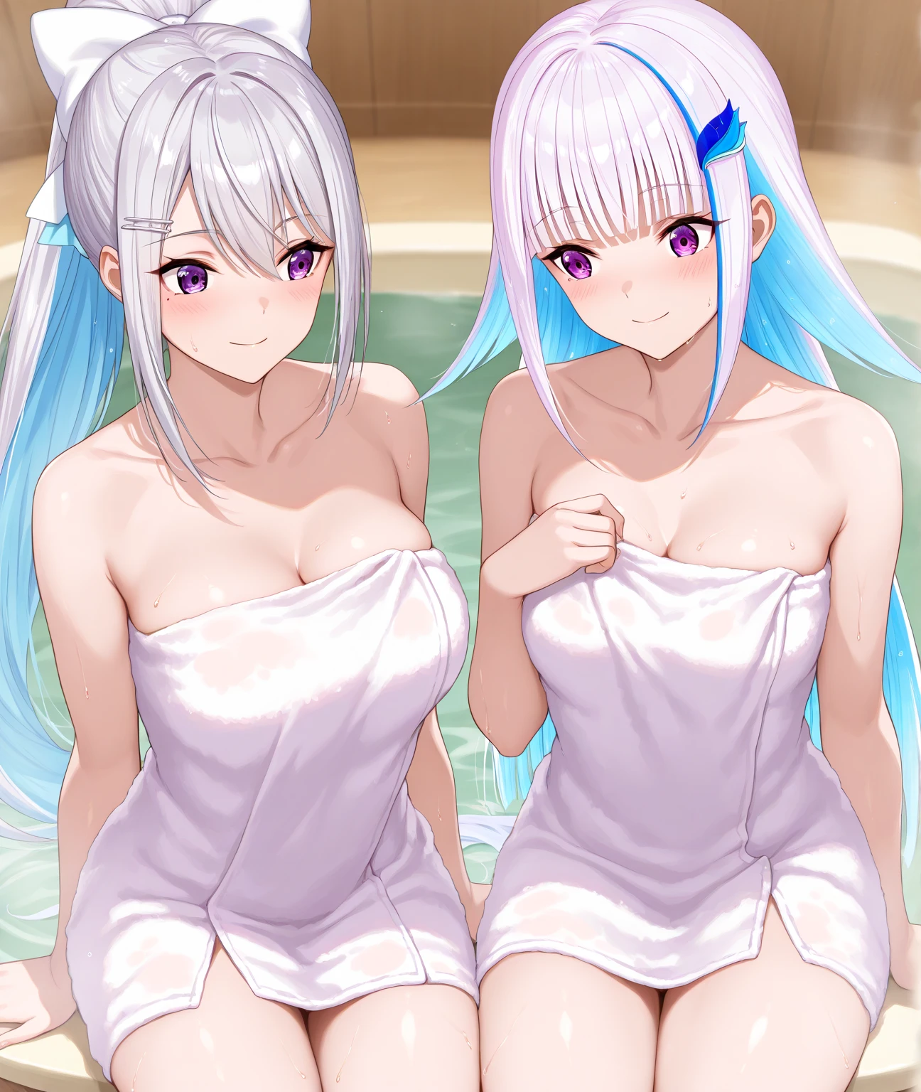 (masterpiece, best quality:1.3), 3 girl, large breasts, on backhouse garden, pool, completely naked, fully naked, nipples, pussy, female idol girls, cuddle couple, playing, hair styles, colored hair, colored eyes, smile, split mouth, pretentious face, standing, sweat, wet,