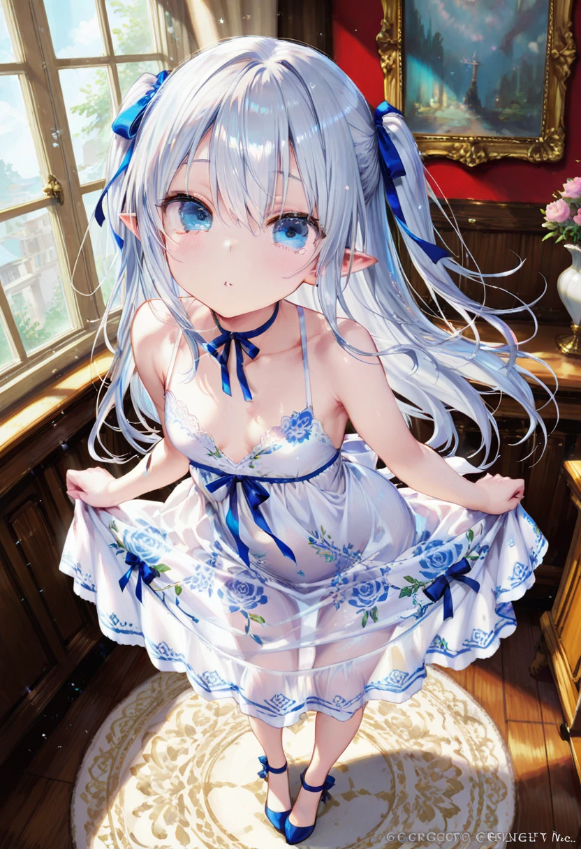 beautiful girl, naked,Cat ear,Long white hair,Light blue eyes,cute, young, small limbs, short fingers, Big Breasts, Embarrassed face, Big ribbon, Thin and light clothing, dress, Sheer white lace tights, Thin, sheer white tights,Smooth Skin,lift the perineum,Her cleavage is protruding ,(Spread your legs),(The hand details are perfect too.),(Wet),Squat,Wet,Open your mouth wide,Sweat,tears
