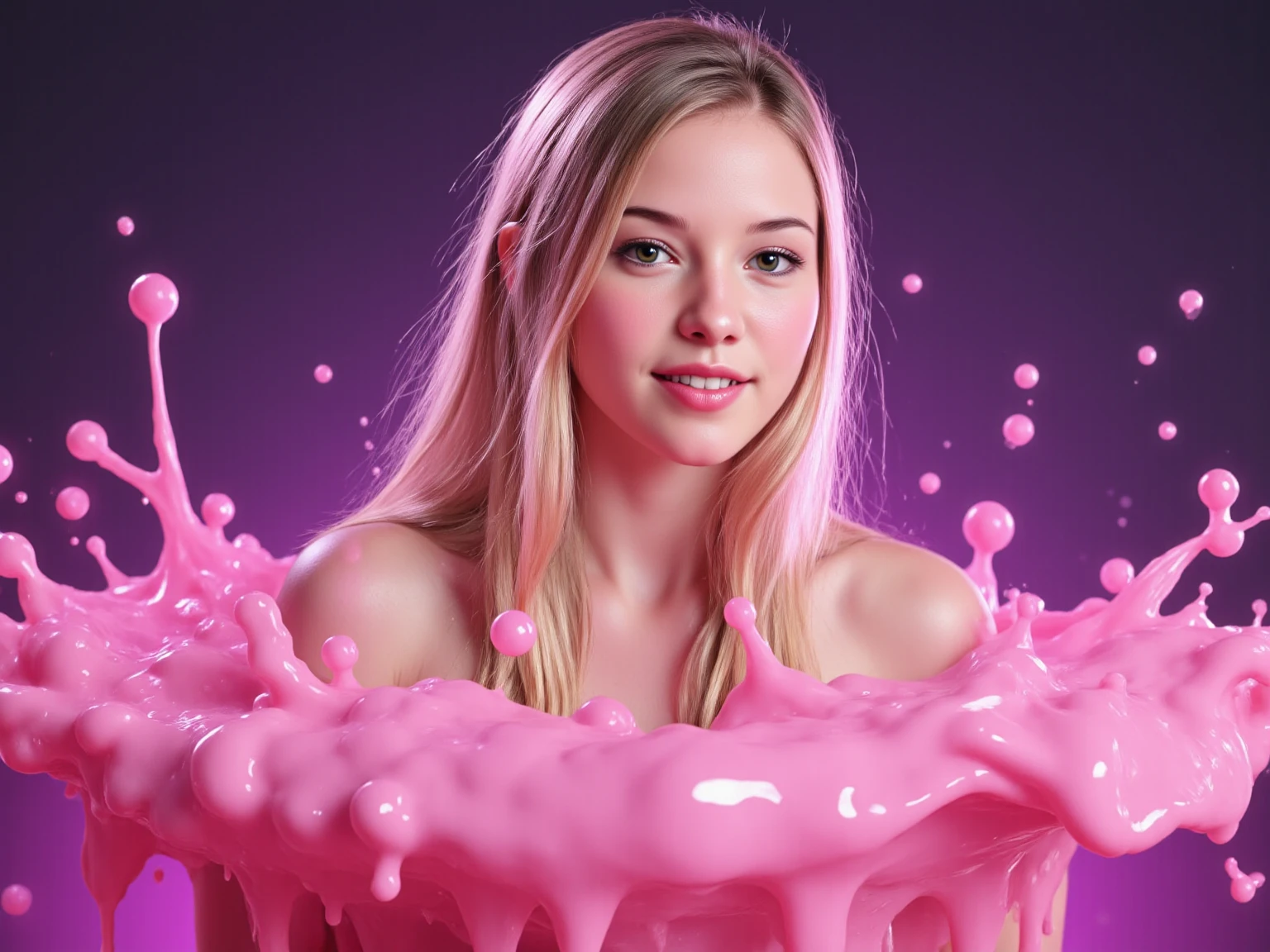 ((best quality)), ((masterpiece)), (detailed), perfect face hyper realistic pink slime alien girl surrounded by beautiful female figures morphing shapes liquid forms organic skin full body artful bioluminescence vivid galaxy highly detailed gorgeous seductive vibrant wet full mouth open long curved tongues dripping hands touching massage oiled flesh girls, full body