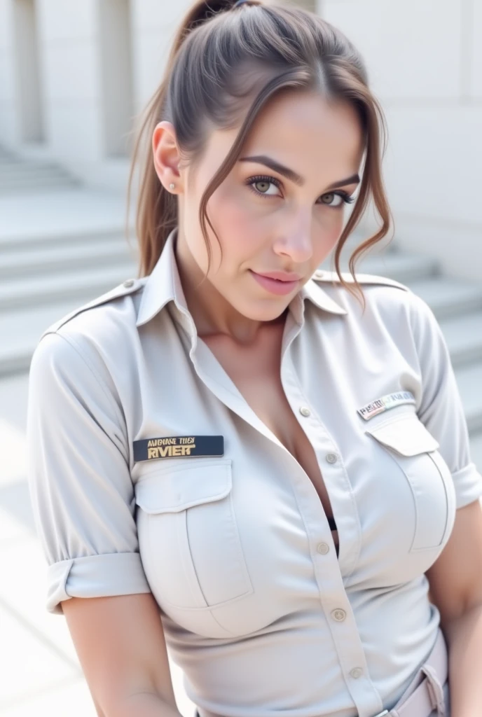score_9, score_8_above, score_7_above, score_6_above, score_5_above, score_4_above, charming young brunette, Skinny body, Lush breasts, Thin waist, Wide hips, sculpted body, (stewardess uniform), neckline, big breasts, posing aboard a private jet, looking at the viewer, smiling, soft light passing through her hair, depth of field, bokeh
