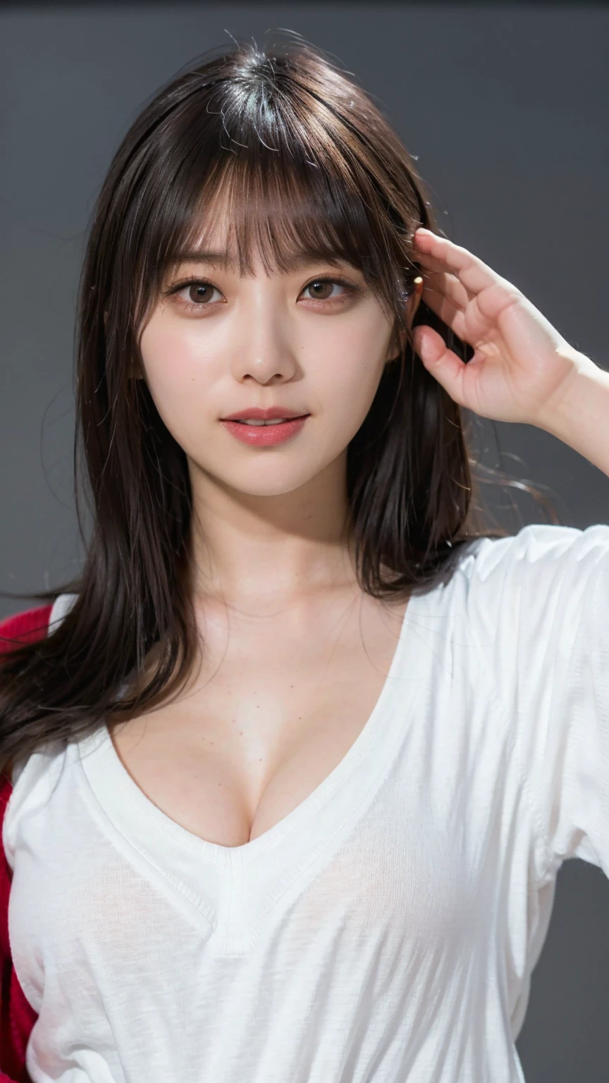 <lora:TAF2022-f20:0.8>, (kr_iu:1.1),
half body, large breasts,
best quality, ultra high res, (photorealistic:1.1), 1girl, loose and oversized black jacket, white sports bra, (yoga pants:1), (light brown hair:1.2), looking at viewer, makeup, wide angle