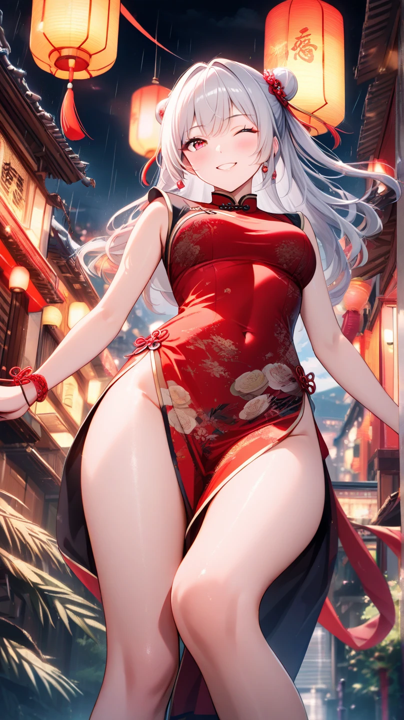 realistic image, coherent image, detailed image, 1 beautiful girl. She has silver hair, long hair. Yellow eyes, long eyelashes. Her face is oval and delicate. Smiling. She wears a red Cheongsam, side slits. She has a curvy body, medium breasts and thick thighs. Chinese temple, flower petals falling around. ambient light, volumetric light,