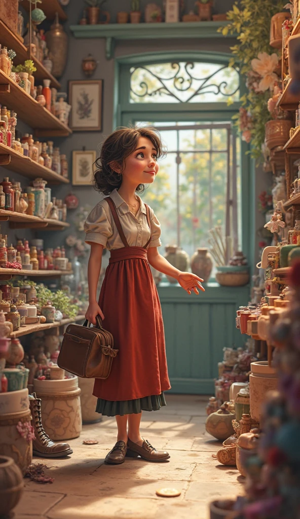 Image de style Pixar ,elle tient un couteau femme brune, of a French peasant village, vulgaire, habiller et maquiller vulgaire,gros plan, Pixar, Disney, Cinema Lighting,