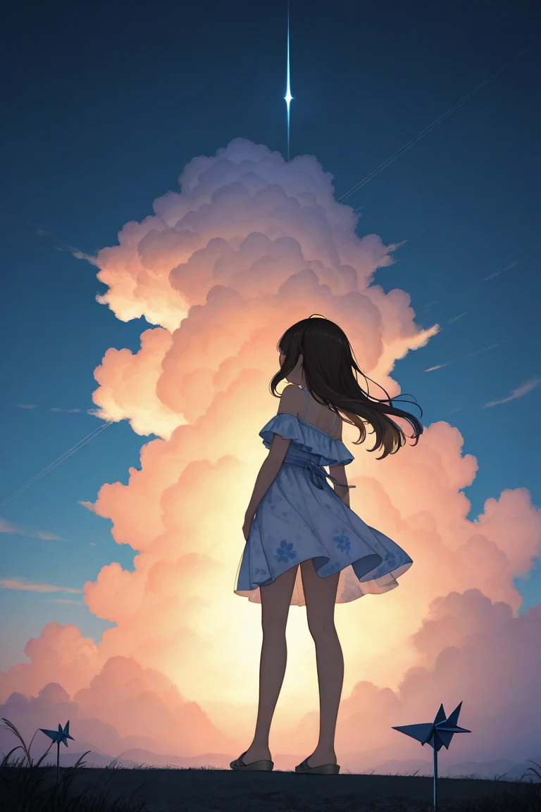 (Full body posing:1.5), (colorful:1.2), (extremely detailed CG unity 16k wallpaper:1.1), (Denoising strength: 1.45), (tmasterpiece:1.37), (wallpaper), (best illuminate, best shadow), (best illustration), dynamic angle, (+++a girl+++) is walking in front of a delicate and beautiful moon-blue sky, solo, (Backlight), mid shot, (the beautiful and delicate girl:1.3), beautiful bare back, (detailed face:1.2), (long floating hair:1.2), (beautiful long dress:1.2), floating dress, the girl (walking) on surface of the water, Beautiful and delicate violet light water surface, reflective water surface, High saturation blue clouds and (stars sky) in the background, cold color, from side, god rays, sparkle, glowing light, (masterpiece), (best quality), UHD, award winning