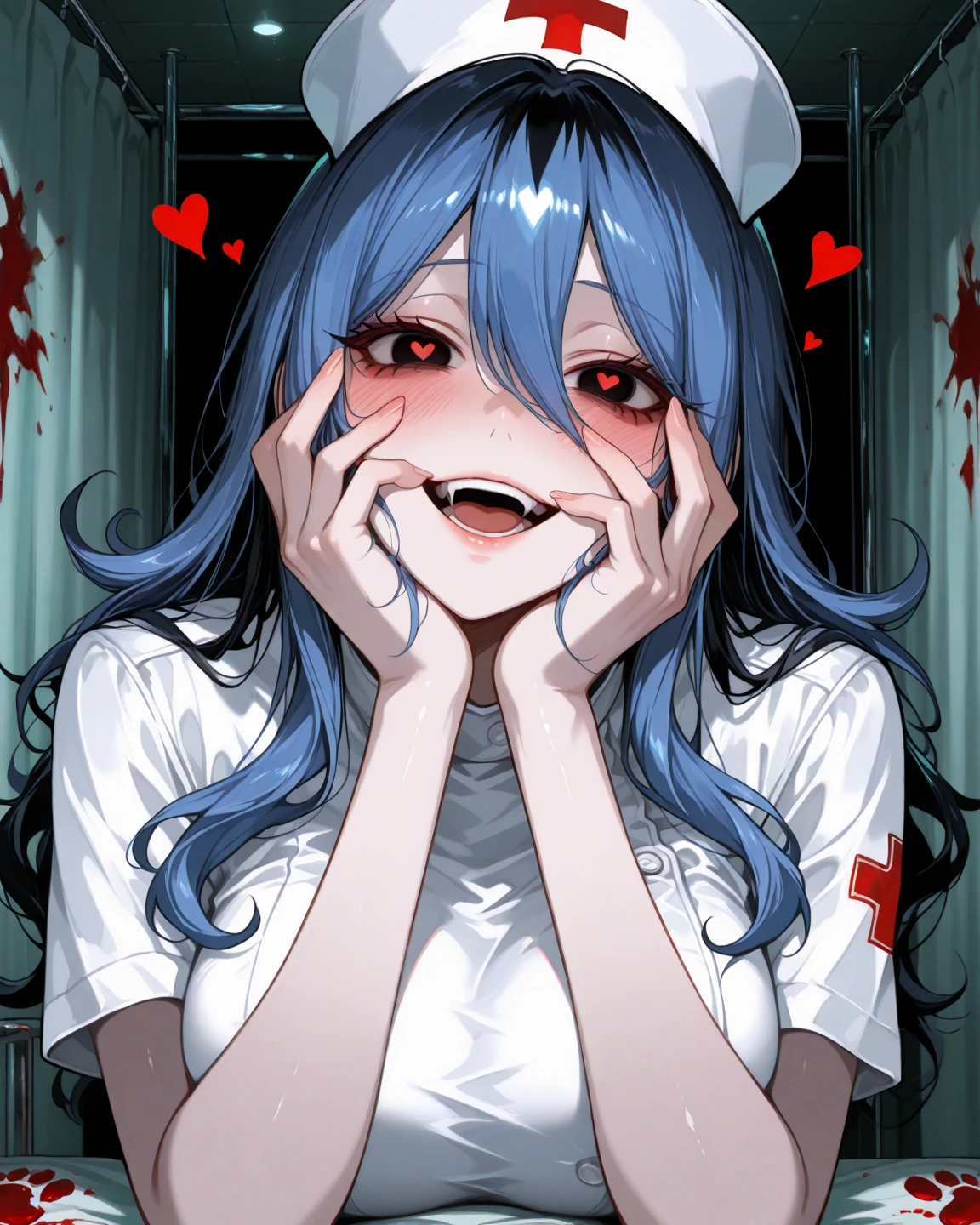1 pretty girl in chainsaw man style, long hair, light pink hair and blue hair tips,light blue eyes(delhado), white blouse, pink jaket (big boobies),(blood on clothes),hand on face, tilted face, psycho smile, showing the tongue (dentes pontudos), gazing at viewer, black backdrop