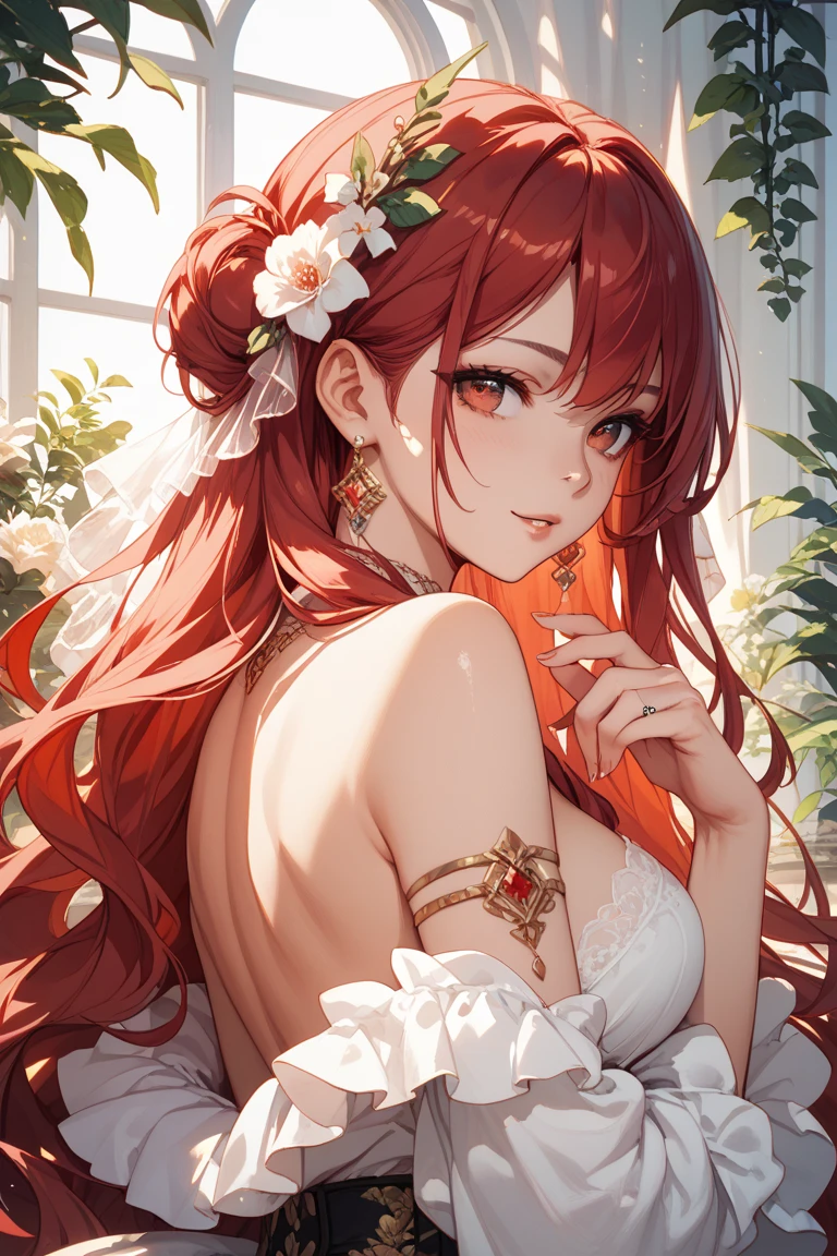 masterpiece, best quality, sunlight, white jasmine, petals, garden, outdoors, 1girl, solo, cleavage, off-shoulder, expressionless, (red hair), long hair, {{{Eye red and gold}}},head flower, (hiten1:0.8), detailed hands