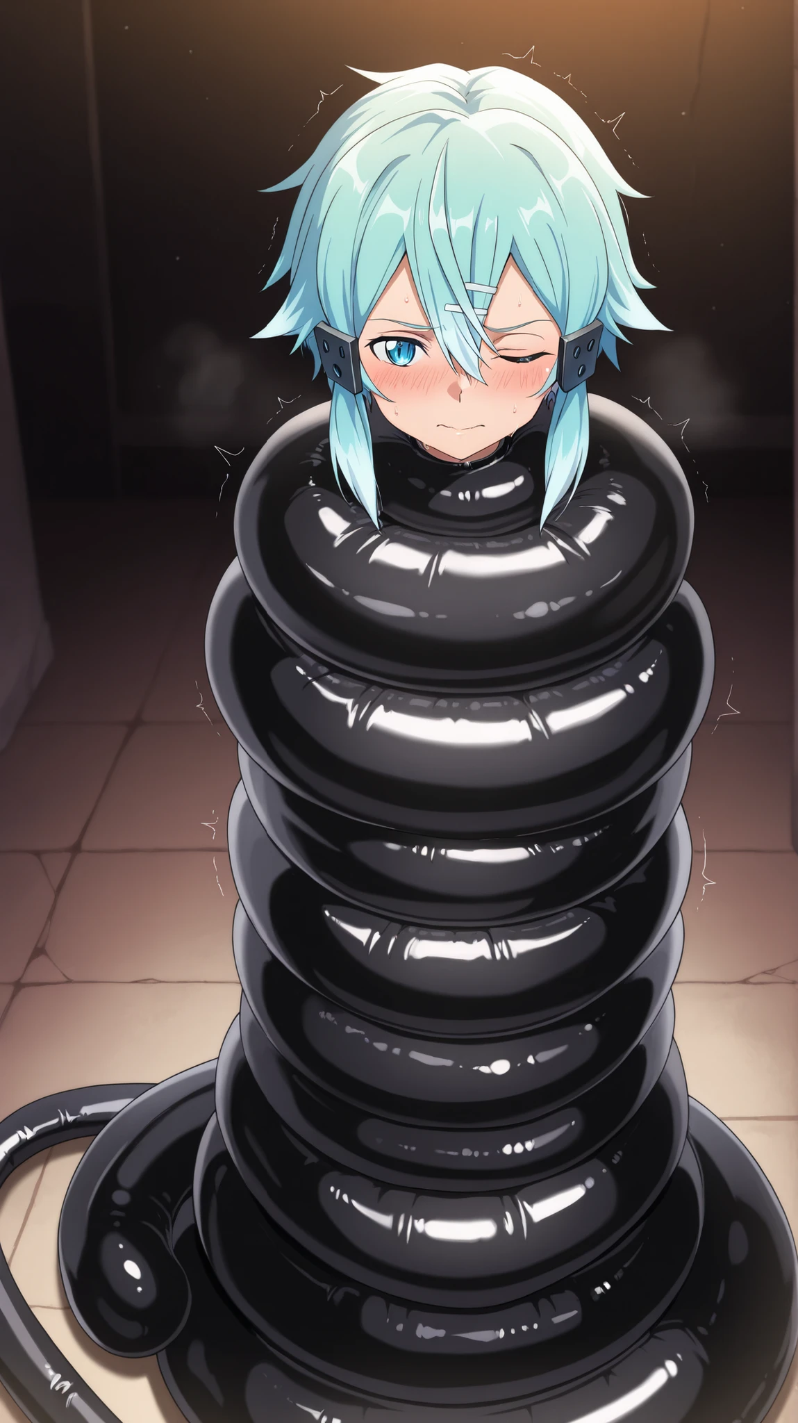 ,Sword Art Online,shino asada, asada shino, sinon, short hair, bangs, blue eyes, hair ornament, hair between eyes, blue hair, sidelocks, slit pupils,
,The body below the neck is not visible, Black rubber tendril, large coiling, large coiling bondage,Coiling only around the body,
,The body below the neck is not visible, Black rubber tendril, large coiling, large coiling bondage,Coiling only around the body,
,The body below the neck is not visible,Rubber tentacles wrap around his entire body, no body depicted,Coiling at equal intervals,Coiling from neck to toe,Coiling Uniform size,Coiling winding with no gaps that can be seen,
,The body below the neck is not visible,Rubber tentacles wrap around his entire body, no body depicted,Coiling at equal intervals,Coiling from neck to toe,Coiling Uniform size, Coiling winding with no gaps that can be seen,
The background is a dungeon, the background is a labyrinth,
,(masterpiece, best quality),anime style,beautiful girl,high resolution,vivid colors, extremely detailed,Ultra detail: 1.3,Vibrant colors,anime screenshot,Soft Light,Detailed eyes,
,1girl,solo, ,Whole full body,full body in frame,
,from a distance,full scene, person in the distance, wide angle,
,awkward expression,nervous,trembling,one eye closed,One eye is half open, ,blush, ,sweat, a lot of sweat,