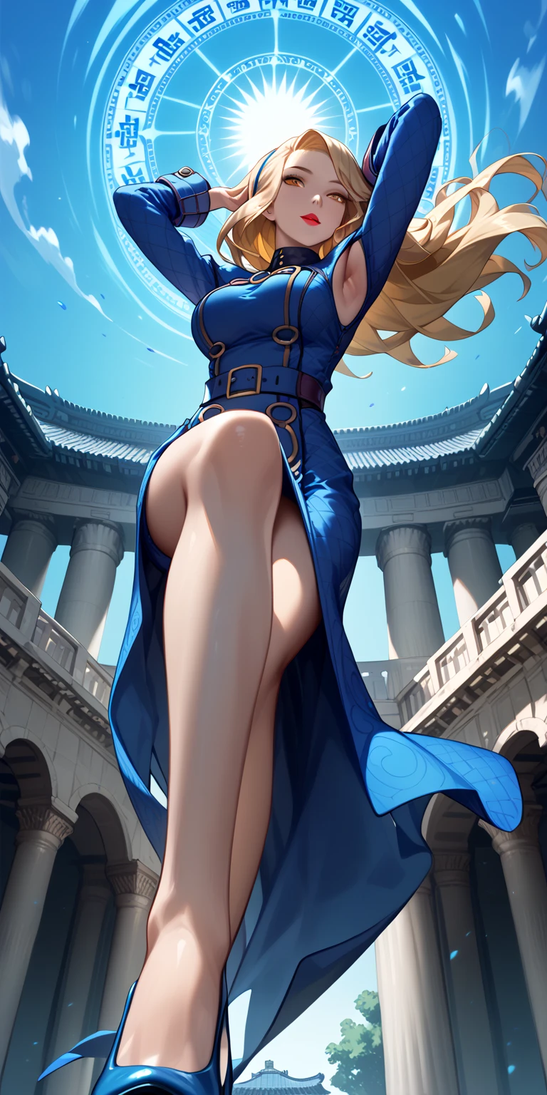 A majestic giantess, in a regal purple gown, with long blonde hair and radiant blue eyes, strides through a floating sky city. Her powerful legs crush floating platforms and airships underfoot. She gazes down at the tiny people below with a look of condescending amusement, her voice echoing with divine authority. Her voluptuous figure exudes an air of majestic dominance and ethereal sensuality, every movement causing the sky to tremble. Giantess, Goddess, sexy legs, heels, hot, curvy body, mommy issues, small town, small people, tiny people, macrophilia, perspective from below, high quality, almost naked, mature woman, sky city.