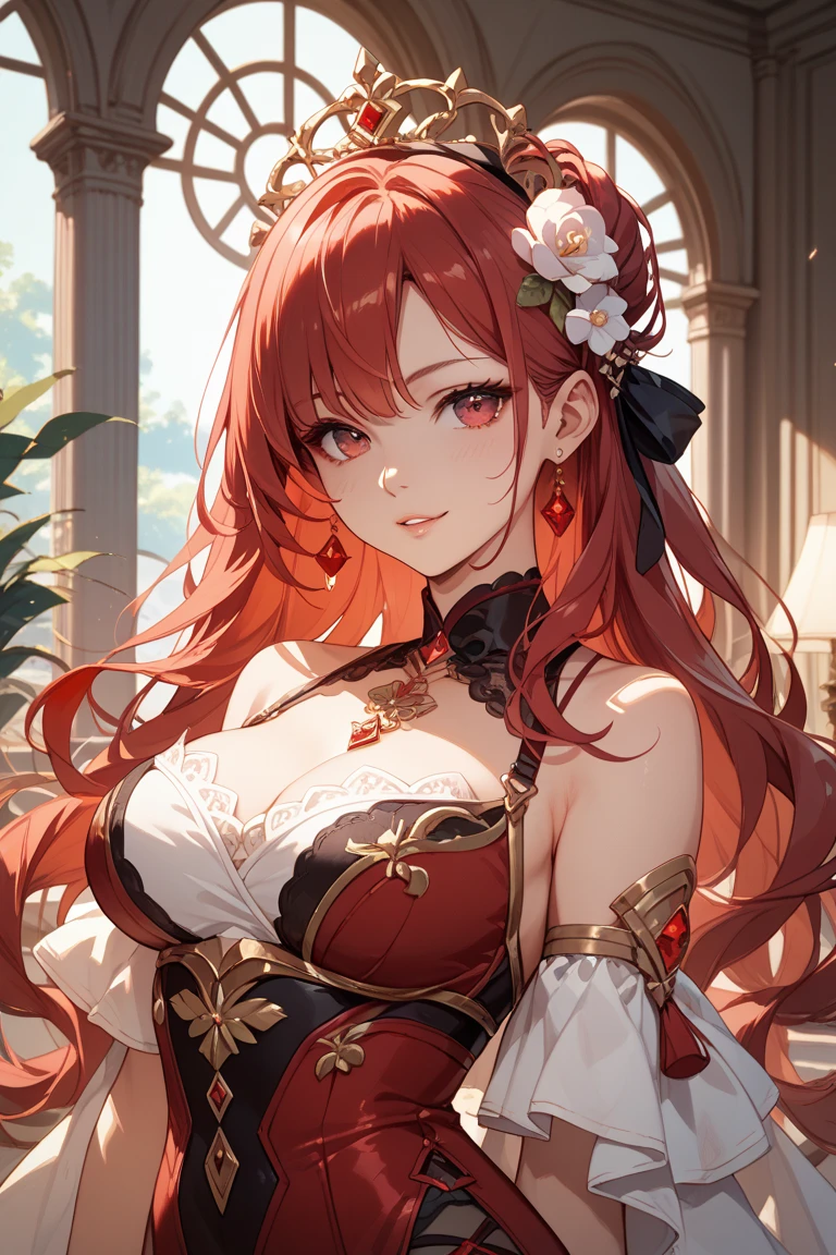 1 female、ruby red hair、long hair、curly hair、{{{red and gold eyes}}}、thick lips、White and red dress、off shoulder、slim、valley、big breasts、sunlight、{{{without background, no background}}}, {{{white background}}}masterpiece、ultra high resolution、perfect lighting、16k