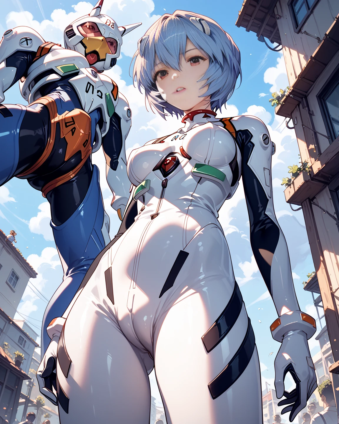 reiayanami, Rei Ayanami, Blue Hair, short hair, (Red eyes:1.5), (Small breasts:1.2),
break bodysuit, headgear, Plug Suit, White bodysuit,
break outdoors, city,
break looking at viewer, (Cowboy Shot:1.5),
break (masterpiece:1.2), highest quality, High resolution, unity 8k wallpaper, (shape:0.8), (Fine and beautiful eyes:1.6), Highly detailed face, Perfect lighting, Highly detailed CG, (Perfect hands, Perfect Anatomy),((Swimwear))、((Embarrassed look))、((full moon))、((Picture below))、(((boots)))、((short hair))、((f cup breasts))、The clothes are transparent、((Spread your legs))、