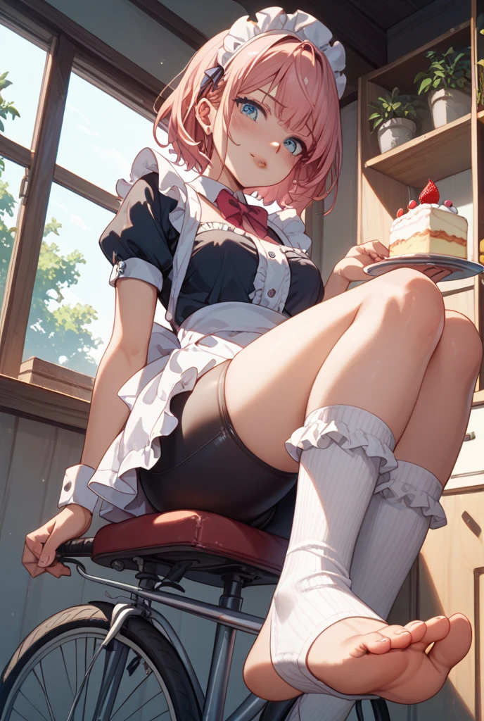 1 girl, , Solitary, lift your legs, Long hair, skirt, Pink_hair, maid_have, watch_take a step back, watch_Shown in_Look at the audience, By Bangs, Black_lift your legs, Blushed, Black_skirt, he himself, short_sleeve, clothing_lift, wrist_cuff, decorate, skirt_lift, Big deal_, lifted_Pasado_Self-expression, Translucent liquid from_Shown in the back, maid, Fluffy_short_sleeve, Side lock, Fluffy_sleeve, crops_top, blunt_By Bangs, , awago outh, Big deal腿, Black_have eyes, chair, Kneel down, Frilly_skirt, _go out, Shown in indoors, window, Not wearing，Not wearing underwear，