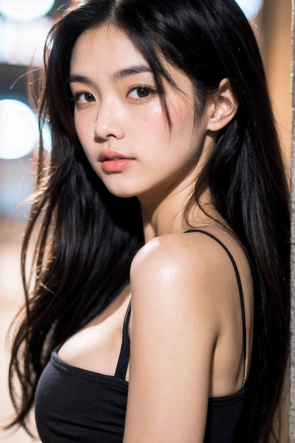 1girl, alone, solitary, high quality, (best quality,4k,8k,highres,masterpiece:1.2),ultra-detailed,(realistic,photorealistic,photo-realistic:1.37),gorgeous hair,black hair,long hair,sharp eyes,plump lips,jewelry,(high detailed skin:1.4),(rim lighting:1.3),(lit:1.3),(sunny day:1.3),portrait,beautiful lips,waist-length hair,seductive gaze,moles,casual clothes,colorful clothing,close up,super long hair,necklace,dark eyes,jet black hair,darkhair,dark black hair,black,nude lipstick,round lips,round pouty lips,pouty lips,douyin makeup,sparkly makeup,glitter,prominent cheekbones, long hair that reaches the waist,face close up,monolid,monolids,black irises,black eyes,korean,smile,small smile,apple cheeks,round prominent cheekbones,pretty cheekbones,perfect body,heart shaped lips,high waist shorts,spaghetti strap tank top,marked abs,muscular thighs,slim waist,round breasts,long lashes,thick lips,full lips