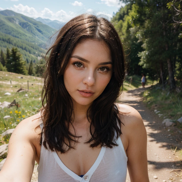 a girl of about 27 with brown hair came out of a lake in the mountains, all wet, wearing a transparent T-shirt, a very beautiful body, the girl looks very realistic