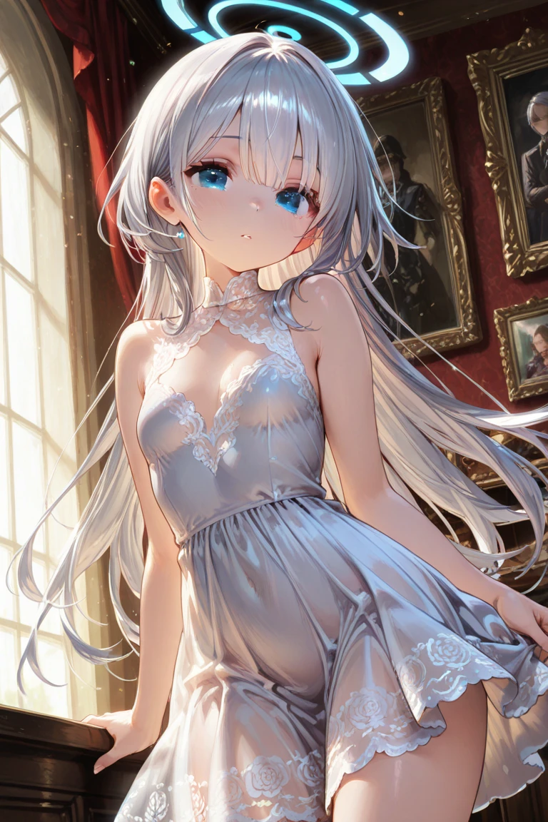 (MASTERPIECE), (Best Quality Animated Illustration), (Super Definition), One Girl, Solo, Beautiful Girl with Silver Hair, Anime Loli, Cat Ear Loli, See-Through Priest Costume, Pope, Sleeveless, Smile, Cleavage Emphasis, Underboob, Thighs, Pope, Temple