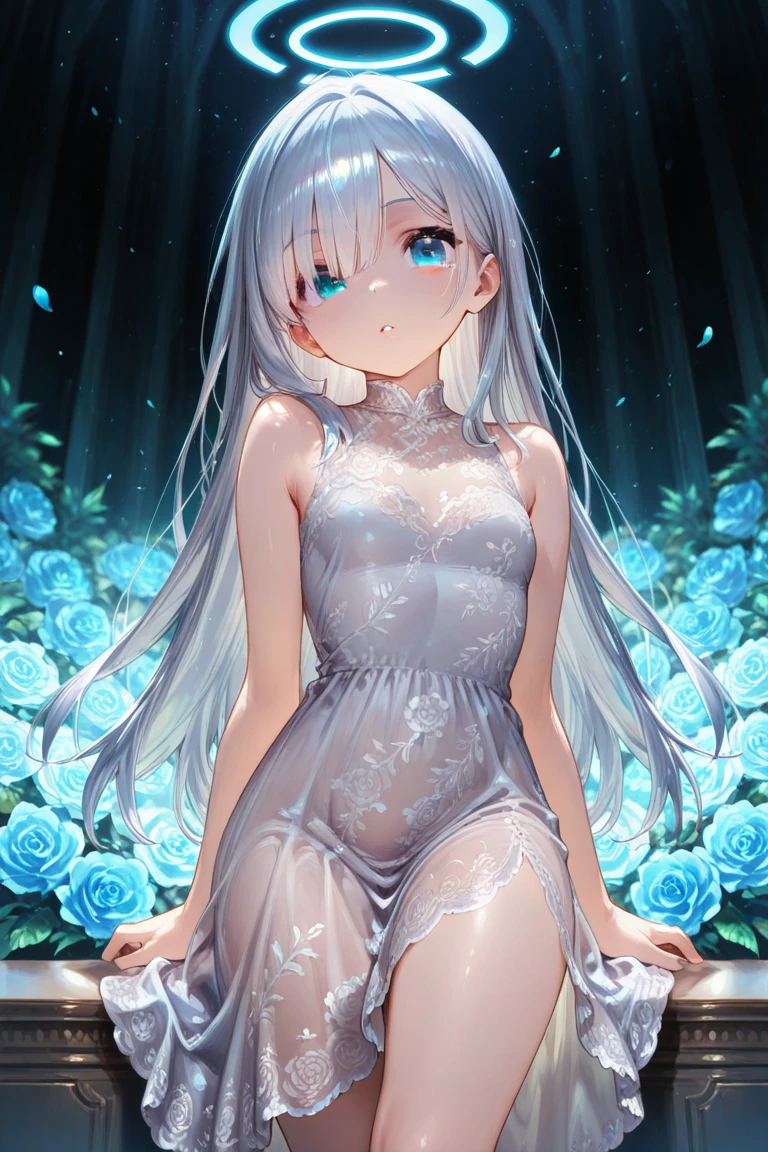 (8K, best quality, master piece: 1.5),super high resolution, One girl, solo, full body, junior high school student, ultra-detailed face, detailed eyes, rainbow colored iris, (cyan eyes), short twin tails, Silver gray hair, blunt bangs, hairclip, orgasm face, masturbation, pale skin, Medium chest, hot pink color princess dress, bare legs, anklet, garden, wariza