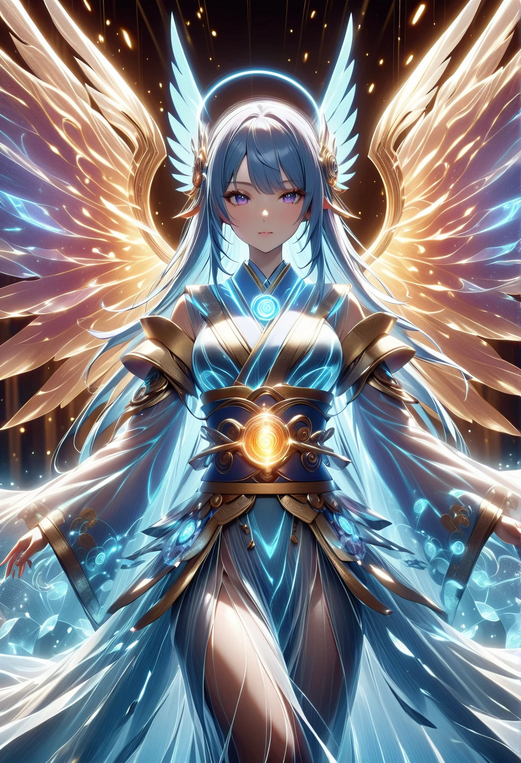 (masterpiece, top quality, Best Quality, official art, beautiful, cosmic, atmospheric, psychedelic, dreamlike, swirling psychedelic cosmic graffiti patterns,,Aesthetic:1.2), (1 girl, neon blue hair, mecha, beautiful, sexy, Beautiful highly detailed hooded mecha battle armor, mecha angel wings, tons of tattoos and piercings, Super huge enormously gigantic , cleavage showing), extremely detailed,(fractal art:1.3),showy,more detailed, cherry blossoms waving in the wind 