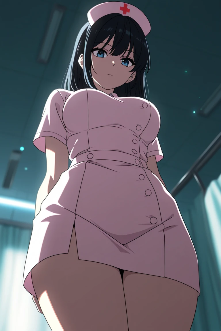 (masterpiece:1.3, best quality, extremely detailed anime:1.4, (seishirou tsugumi, big breast, solo), standing, Nurse uniform, show off nipple, beautiful nipple, open breast clothes, show off panties, lace white panties, very short skirt, lift skirt, sandales, embarrassed, bedroom, front view,