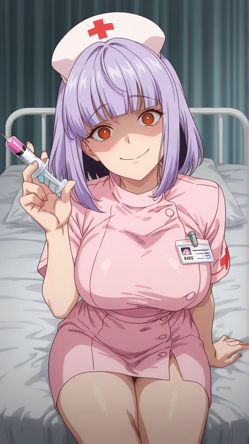 Maki nishikino,love live,highres,red hair , purple eyes,blush ,bare legs ,barefoot,bed ,cleavage ,collarbone ,doctor ,holding syringe ,infirmary ,lab coat ,leaning forward , girl on top,looking at viewer,on bed ,open mouth ,pencil skirt
