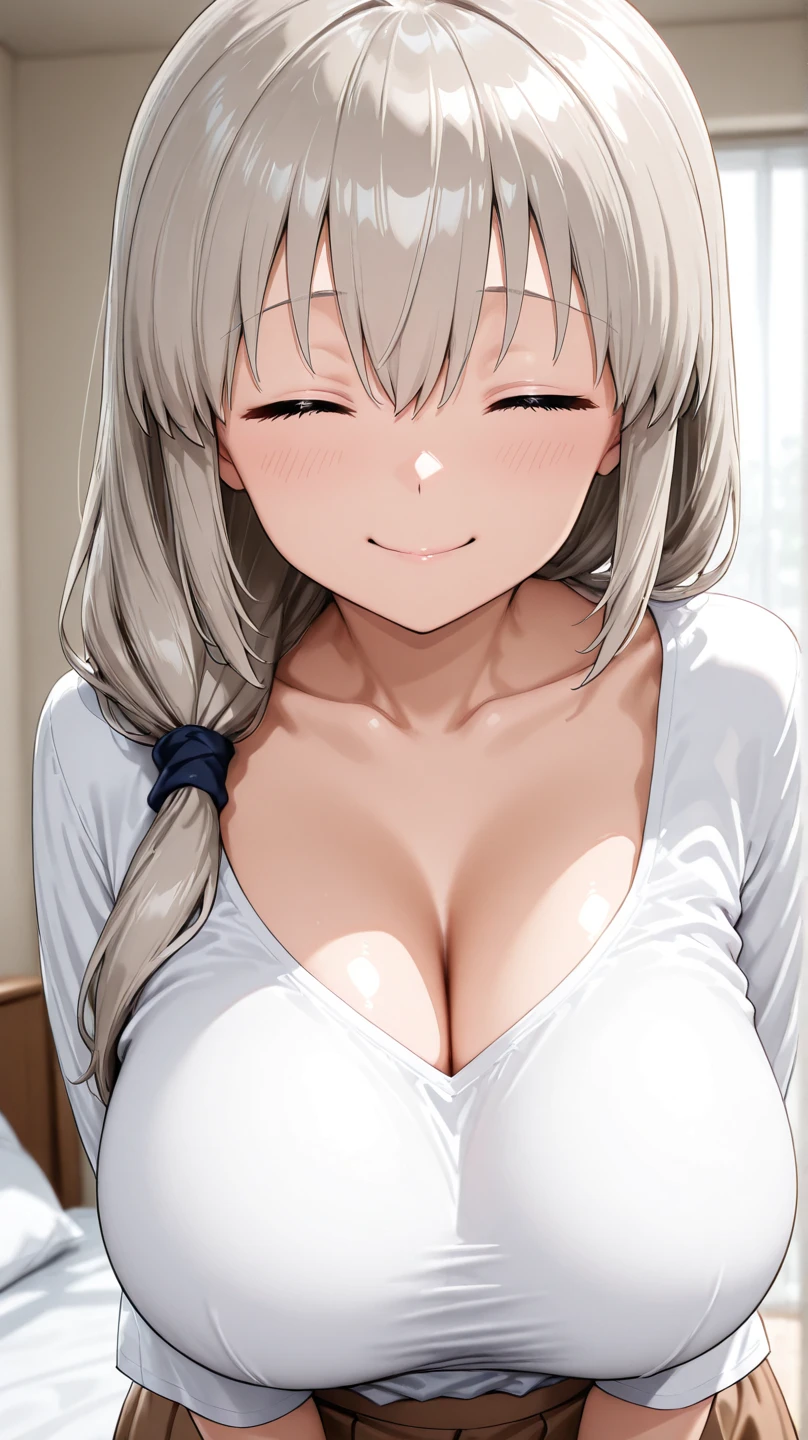 headshot、Sticking out tongue、Under the tongue、Open your mouth、Close-up of face、School、School building、In the classroom、Light clothing、Big Breasts、Nipples、Both eyes open、smile、Sweat、Dynamic Angle
