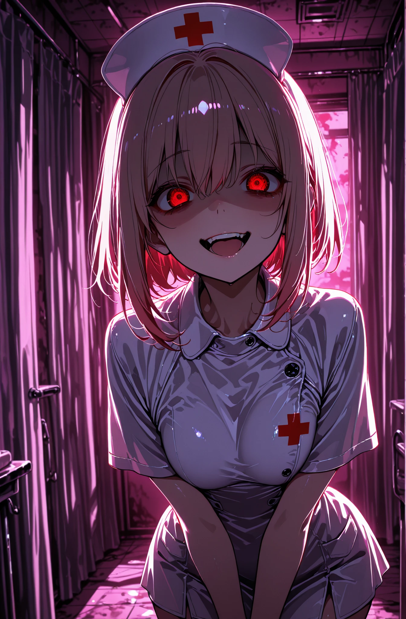 (Highest quality:1.2, Very detailed, up to date, Vibrant, Ultra-high resolution, High Contrast, masterpiece:1.2, Highest quality, Best aesthetics), (((1 girl))), View your audience, In-person audience, barefoot, One Girl, alone, Upper Body, bow, Nurse uniform, Nurse cap, Nurse Costume, Crazy Smile, At night, Isolation ward, Wet clothes, drenched, Scalpel, Tears of Blood, Bloodstain, Dark Room, Blood splattered on the ground, Red bright light, Glowing Eyes, Written boundary depth, Stand still, red lighting, atmosphere, Perfect hands