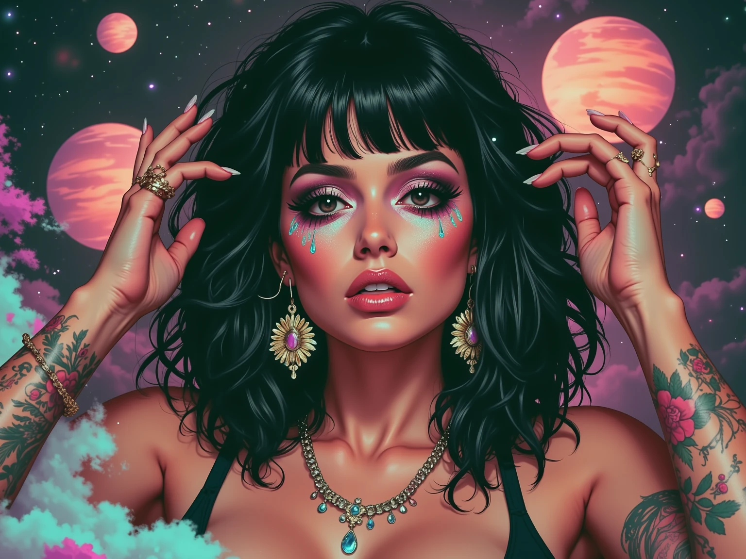 masterpiece, best quality, extremely detailed, hyperrealistic, photorealistic, a beautiful 20s russian model, abstract art, contemporary style, fine art style, lots of fine lines and full color shading style, muted colors, full background with detailed line art