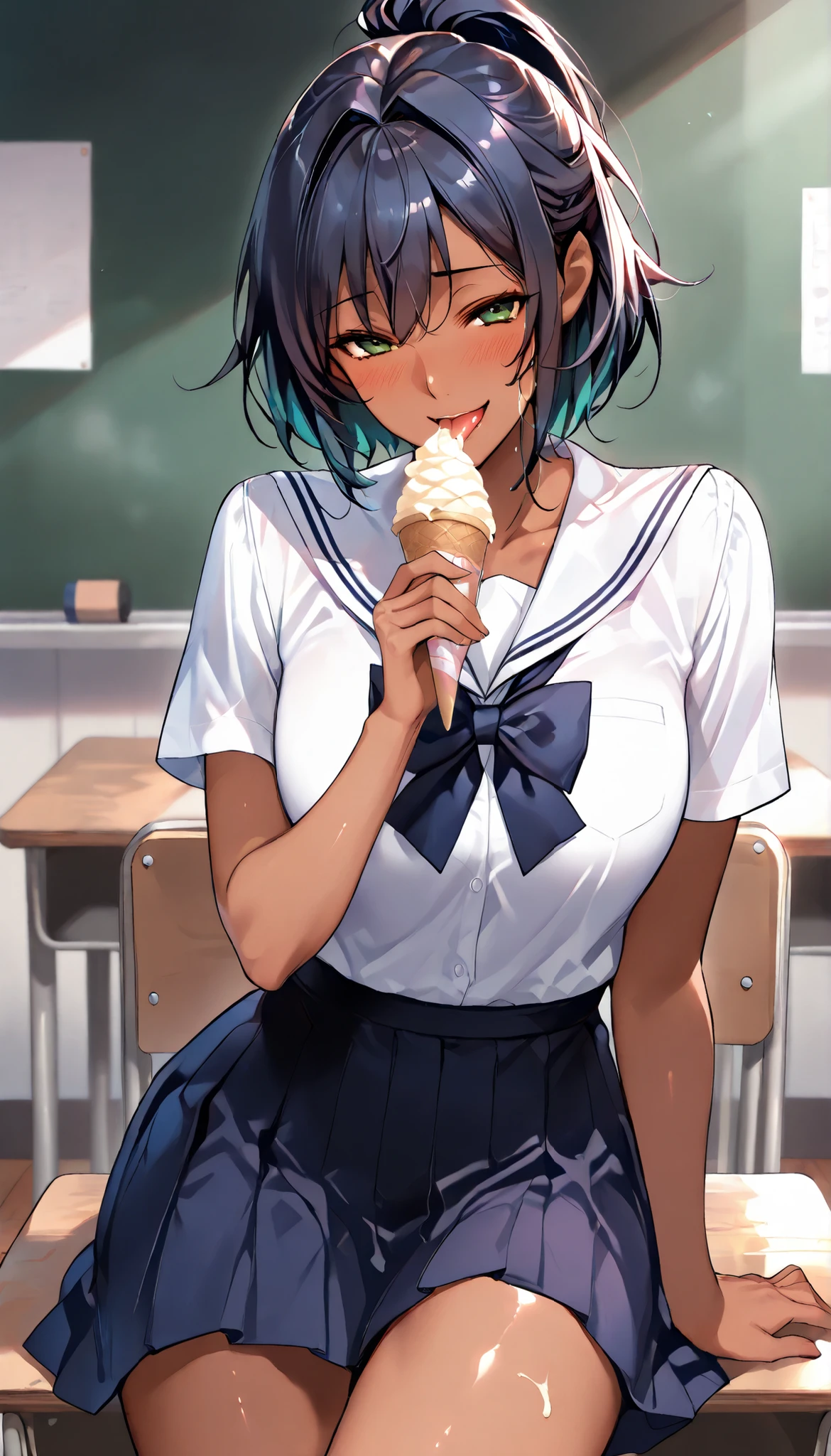 SOLO,Modern Backgrounds,A female with slim body(older girl),((Dark skin)),(Green eyes),shiny skin,(Wearing A JK skirt),(White school uniform)(Short sleeves),Sitting in Classroom,Arrogant sitting position,(Dark Blue short hair,High split ponytail, hair intakes),(Licking the ice cream),Seductive smile,((Torogao))),slightly tilted forward,UHD, SOLO, anatomically correct, masterpiece, textured skin, high details, highres, 1080P, 16k, accurate, Beautiful face, Beautiful Nose, Perfect face, Highly detailed beautiful face and eyes, Attractive face, Detailed face, Delicate facial features, Detailed skin,Cowboy shot