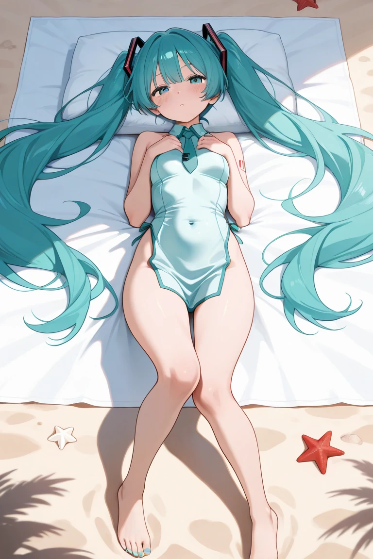 Score_9, Score_8_up, source_anime BREAK solo, 1girl, looking at viewer, cowboy shot, minakami sayo, long hair, burgundy eyes, bow, hair bow, teal hair, swimsuit, white bikini, ruffled bikini, swimsuit,
curvy, big breasts, mouth open, eyes wide open, hands up, surprised, bleeding, blushing, lying down, from below, towel, on the floor, legs crossed, knees up, ass, cameltoe, 
outdoors, beach, ocean, sand, sunlight,