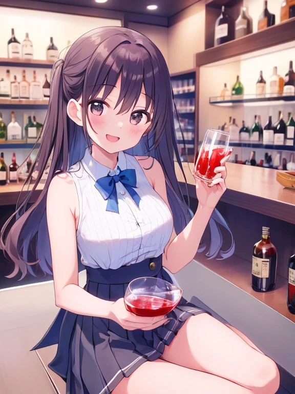 (from below:1.5),(from side:0.9), ((Face)), (Close-Up:1.2), masterpiece,"A 26-year-old girl stands at a bar counter. She is dressed in a stylish off-shoulder dress, sweater dress, off-shoulder sweater, red sweater,garter stocking, cleavage:1.1, midriff, black shorts, black thighhighs, thigh strap, pretty girl, (highly detailed beautiful face and eyes,firm breasts),real skin,((black,hair,long pony tail hair)),thin pubic hair,cute and lovely pose, detailed eyes, This masterpiece is only visually stunning but also tells,(double breasted:0.6,under bust:0.6),(with sparkling eyes and a contagious smile),open mouth. The bar is beautiful, with colorful bottles of alcohol in the background and a soft glow from neon lights. The atmosphere is relaxed, and the girl looks confident and fashionable.",full body, sexy pose,make a cocktail , in a bar counter, Looking at Viewer,