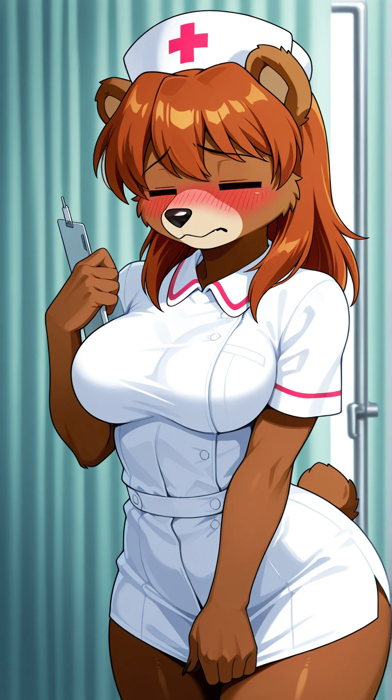 Beastars art style, beastars, Juno, brown wolf, she Wolf, 1girl, furry, long curly brown fur, slim figure, blue eyes, wide hips, Big breasts, nurse outfit, cleavage, night time, hotel room, moon